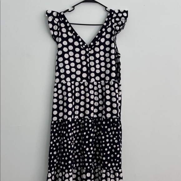 LOFT Maxi Dress size large navy blue and white polka dots tiered flutter sleeve - Picture 5 of 14